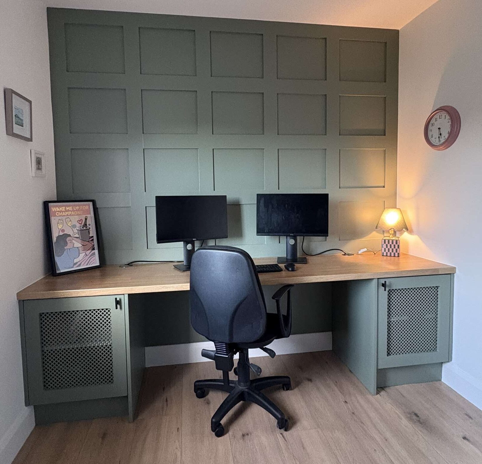 mcintyre carpentry - bespoke built-in home office including desk, side cupboards and back panelling in green