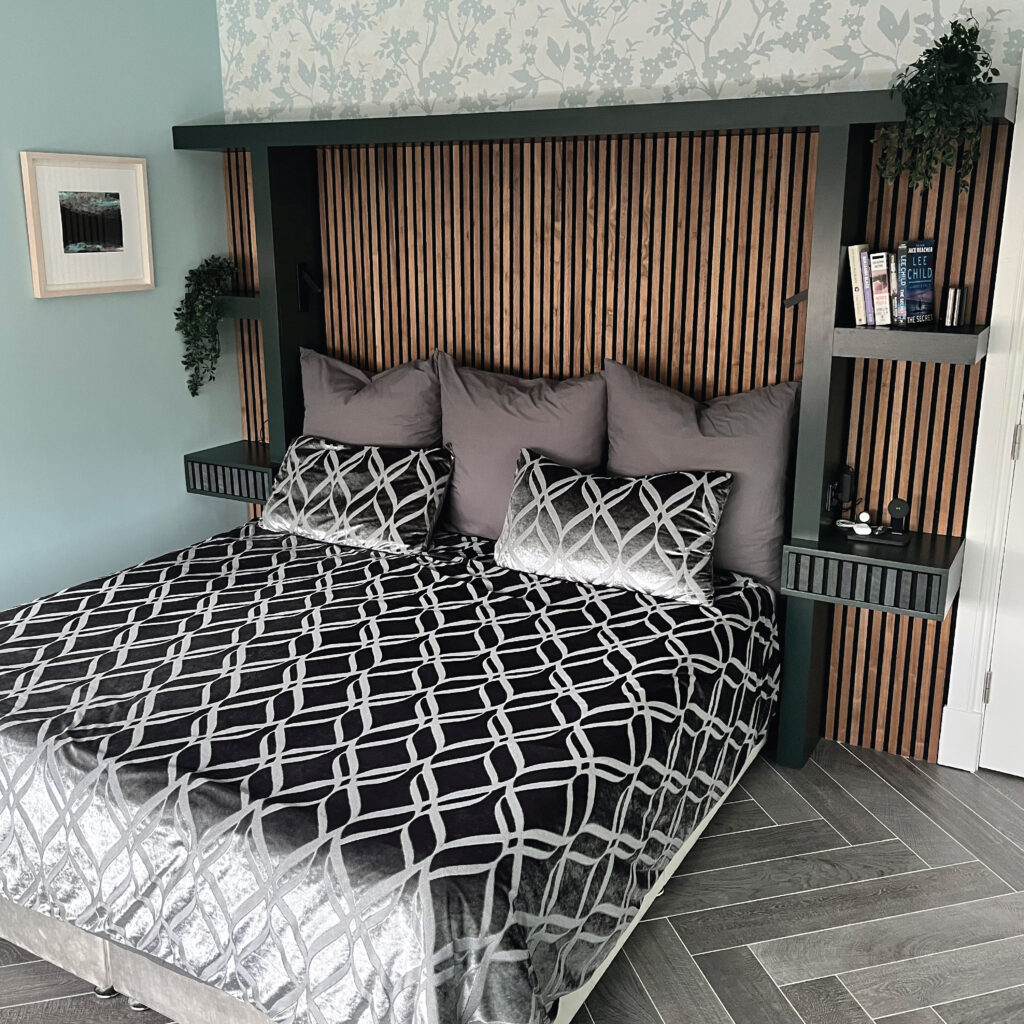 McIntyre Carpentry - bespoke high-end headboard with built in shelves and side tables